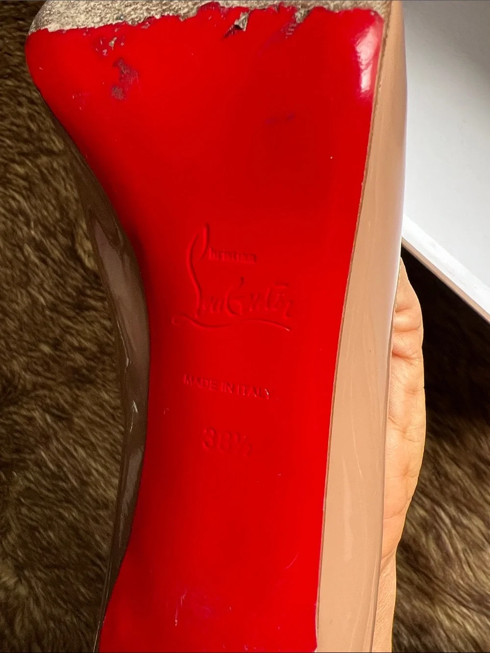 Christian Louboutin Nude Patent Peep-Toe Pumps with Signature Red Sole